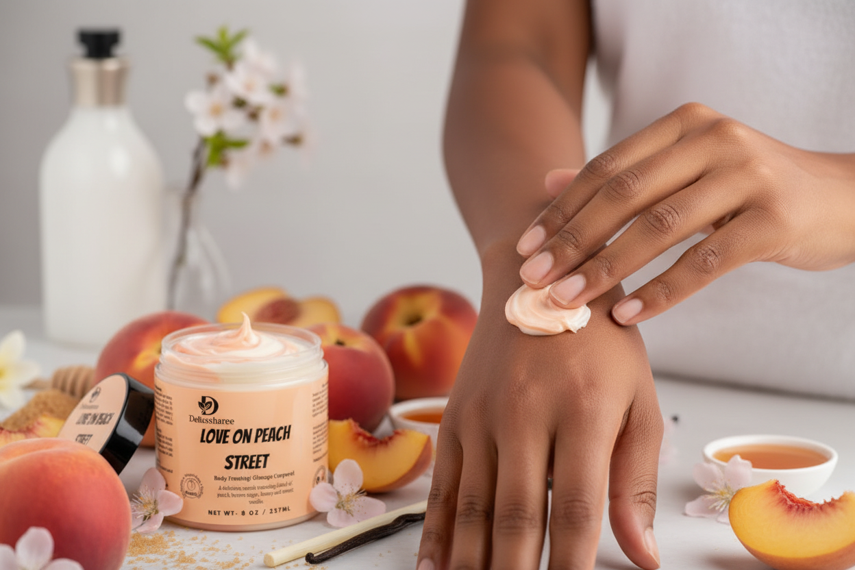 Brown-skinned woman applying Love on Peach Street body frosting